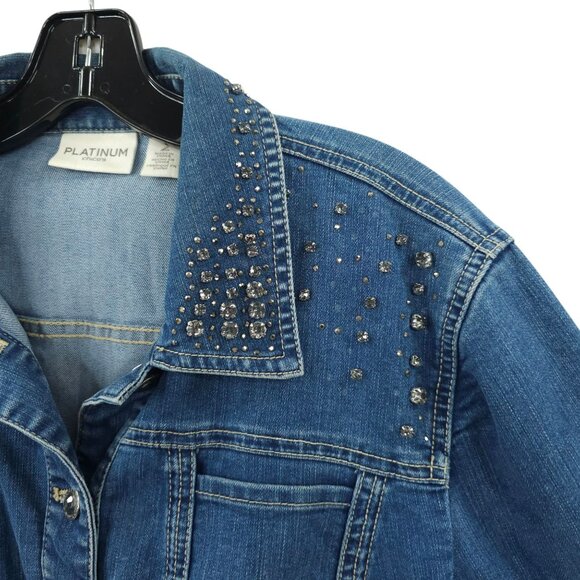 Chicos Platinum Denim Western Jacket Womens 2 US L/12 Rhinestones Long Sleeve - Picture 9 of 16